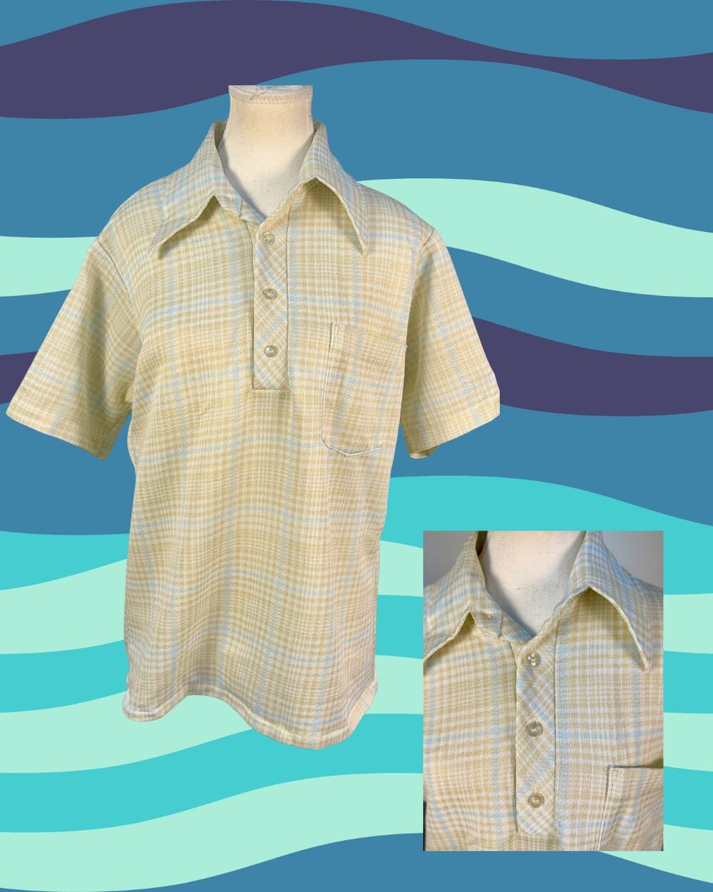 Vintage 70s Tan Blue Check Wing Collar Button Up Patch Pocket Polo Shirt Size L